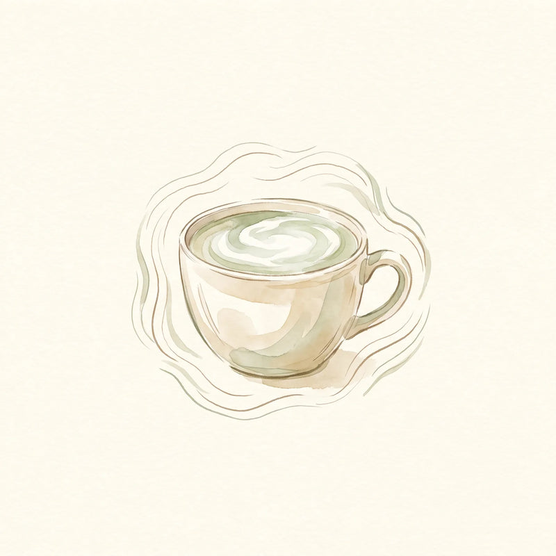 Matcha latte servido en un vaso de vidrio con espuma verde esmeralda y un chasen de bambú apoyado al costado
