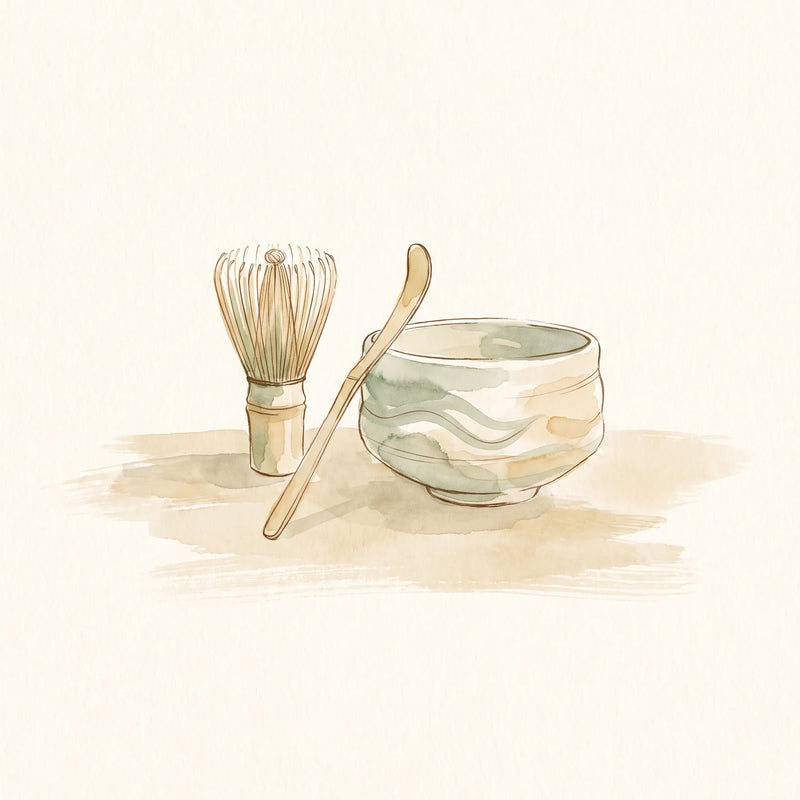 Set de utensilios de bambú para matcha: chasen, chashaku y un chawan de cerámica clara sobre una mesa de madera