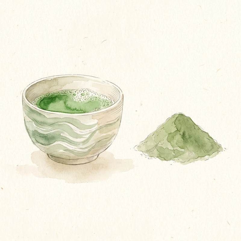 Dos cuencos de matcha en polvo lado a lado, uno de un verde esmeralda vibrante (ceremonial) y otro de un verde más apagado (culinario)