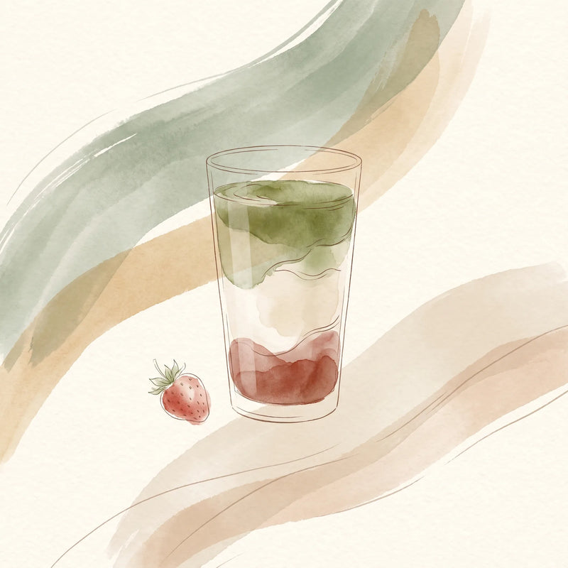 Matcha latte de fresa servido en capas visibles de rojo, blanco y verde en un vaso alto con hielo
