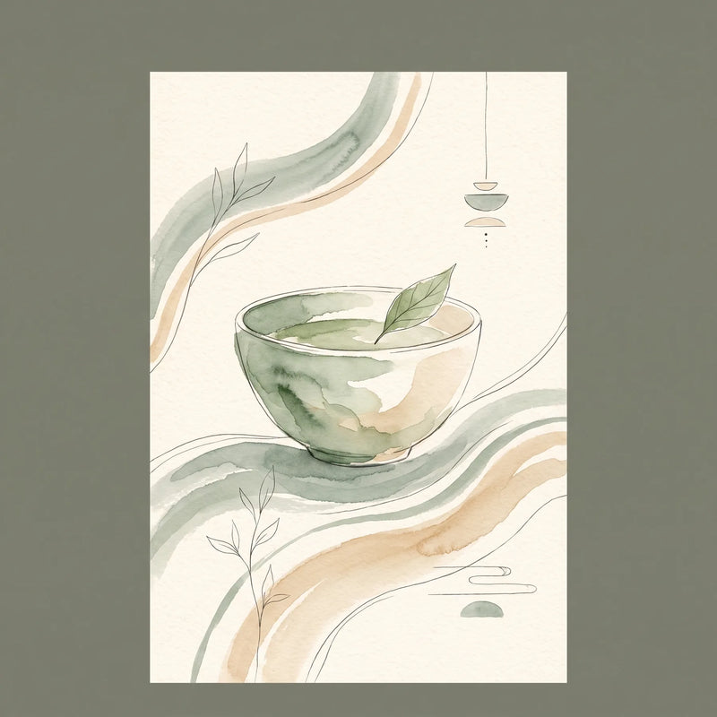 Taza de matcha ceremonial servida junto a una cuchara de bambú, ilustrando un consumo moderado y consciente de la bebida