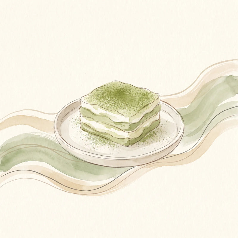 Tiramisú de matcha en un molde rectangular, con capas de bizcocho y crema, espolvoreado con matcha verde