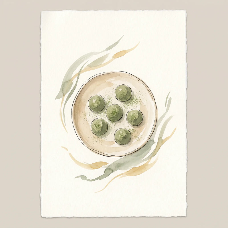 Bolitas energéticas de matcha de color verde apiladas sobre un plato de madera
