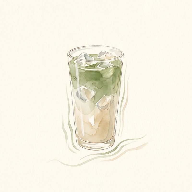 Matcha latte helado en un vaso alto con hielo y espuma verde esmeralda, listo para beber