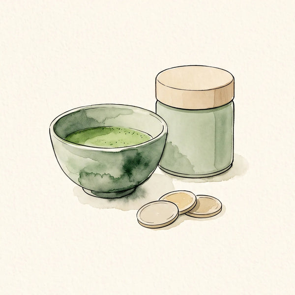 Ilustración en acuarela de una lata de matcha, un chawan y monedas sobre papel crema en tonos salvia y arena