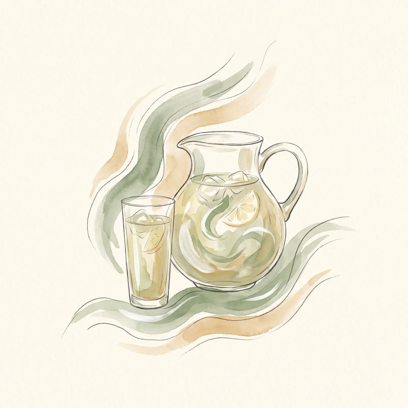 Limonada de matcha servida en un vaso alto con hielo, rodaja de limón y color verde amarillento