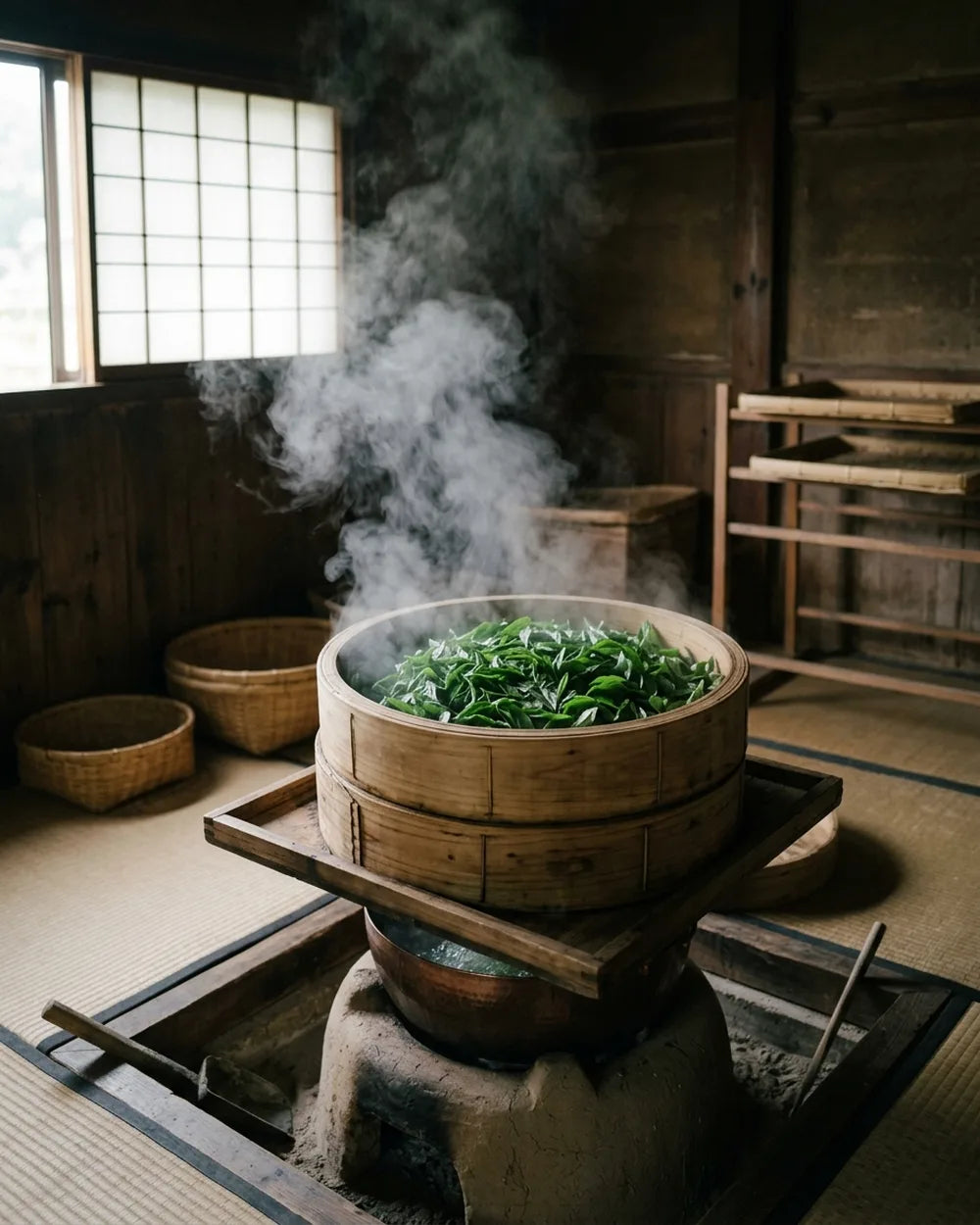 Hojas de té frescas cociéndose al vapor