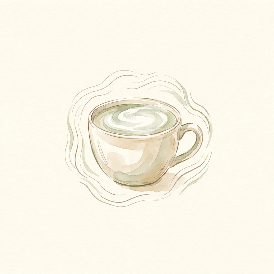 Matcha latte servido en un vaso de vidrio con espuma verde esmeralda y un chasen de bambú apoyado al costado