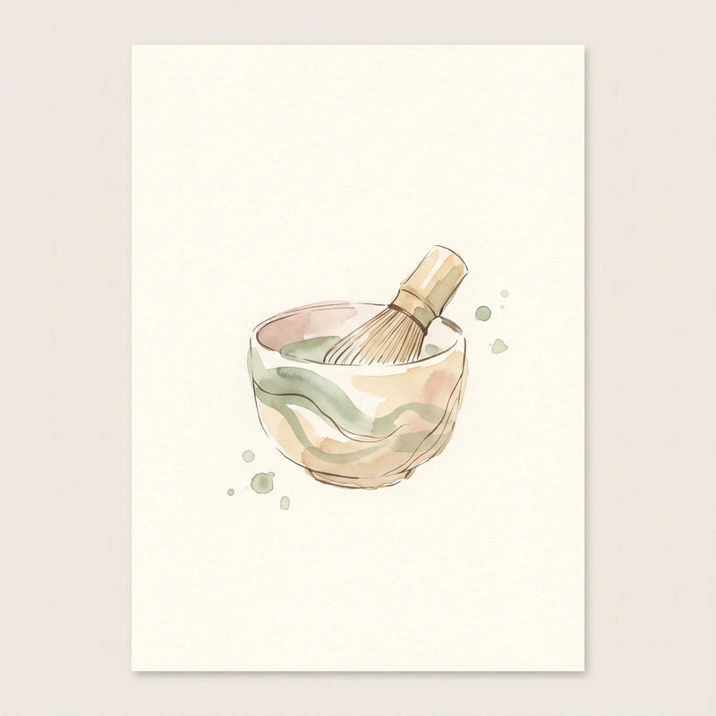 Matcha batido de forma incorrecta con grumos visibles en la superficie de un cuenco, junto a un chasen de bambú