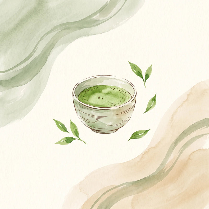 Cuenco de matcha verde rodeado de hojas de té frescas, ilustración en acuarela japandi