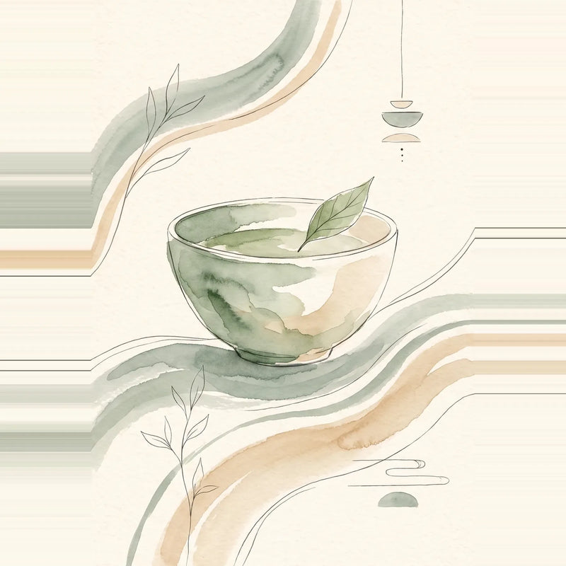 Taza de matcha ceremonial servida junto a una cuchara de bambú, ilustrando un consumo moderado y consciente de la bebida