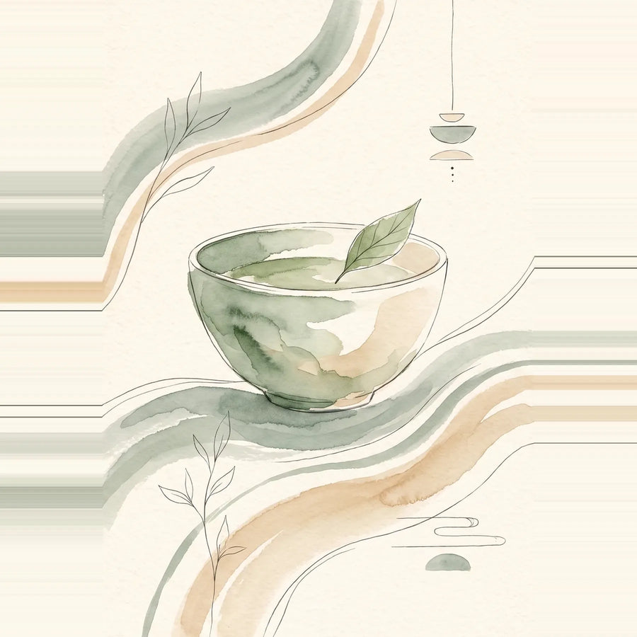 Taza de matcha ceremonial servida junto a una cuchara de bambú, ilustrando un consumo moderado y consciente de la bebida
