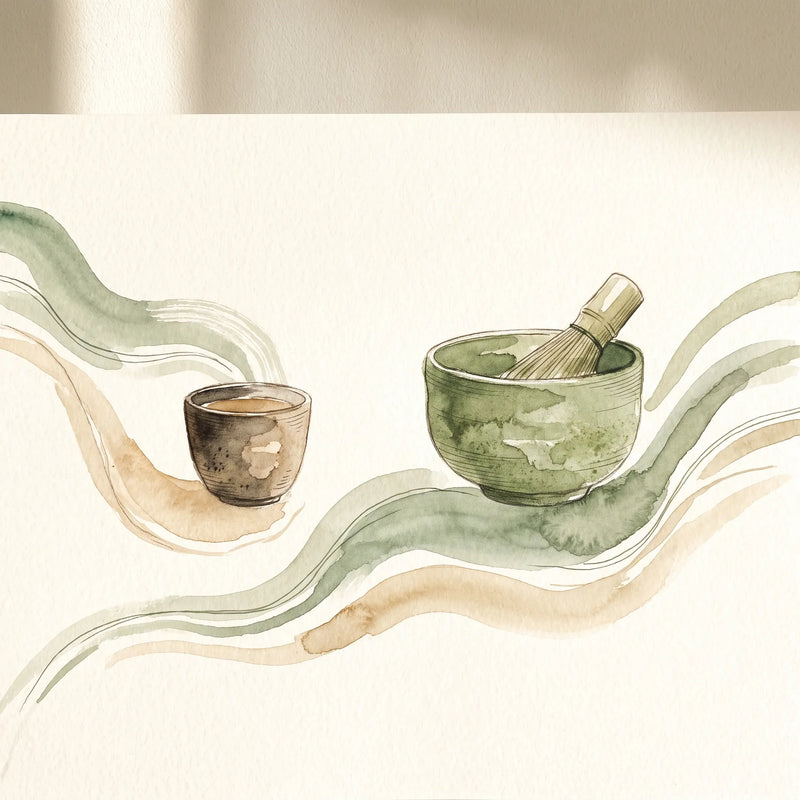 Taza de matcha ceremonial junto a una taza de espresso, ilustrando la comparación de contenido de cafeína entre ambas bebidas