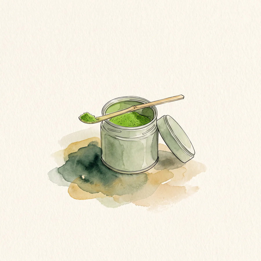 Chawan con matcha recién batido junto a una báscula digital y una lata de matcha ceremonial de 30 gramos