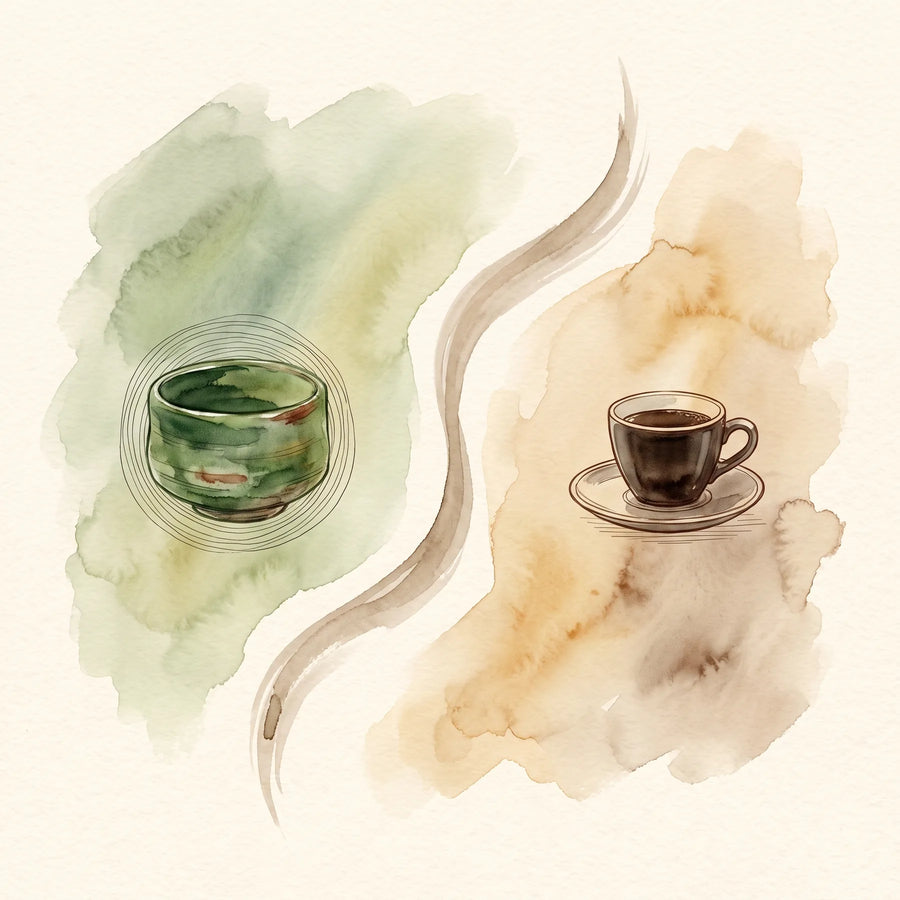 Comparación en acuarela: un cuenco de matcha verde junto a una taza de espresso, estilo japandi