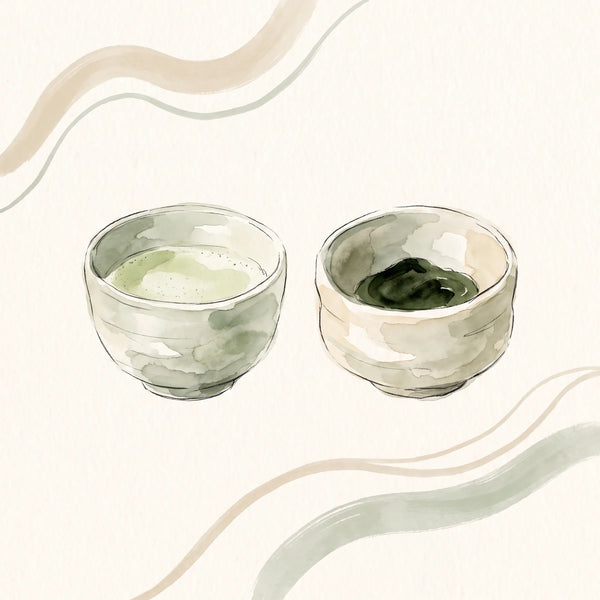 Dos cuencos de matcha lado a lado: uno con espuma ligera de usucha y otro con textura espesa y brillante de koicha