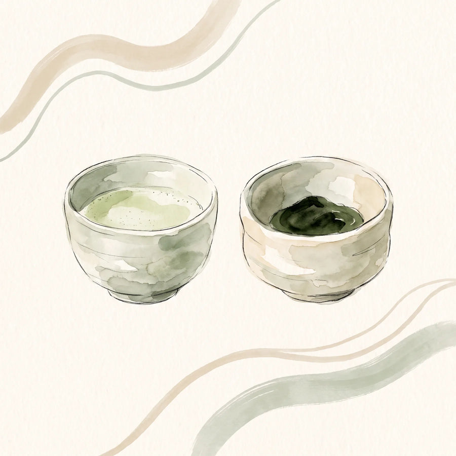 Dos cuencos de matcha lado a lado: uno con espuma ligera de usucha y otro con textura espesa y brillante de koicha