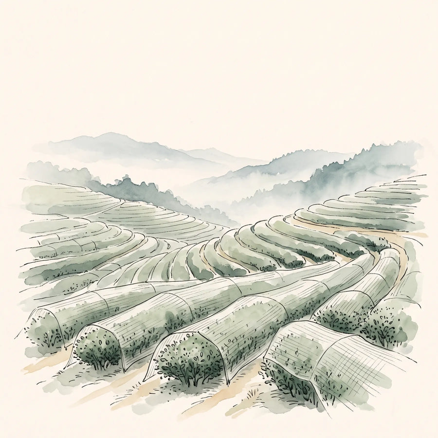 Campo de té cubierto con mallas de sombra en Japón durante las semanas previas a la cosecha de tencha