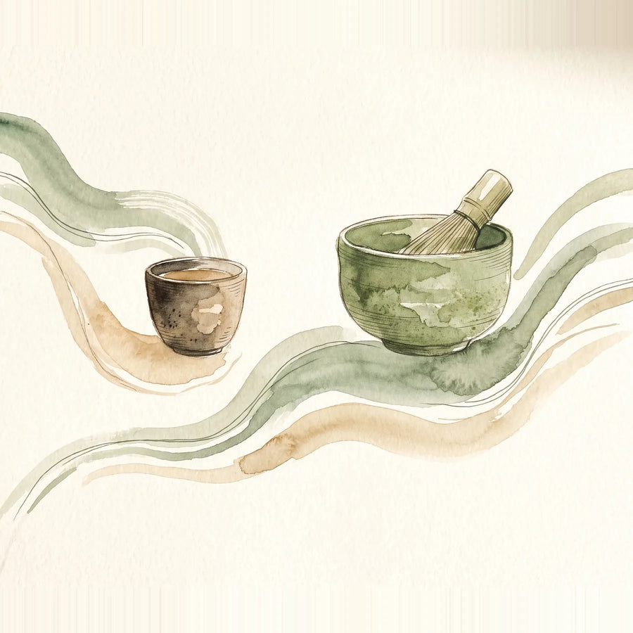 Taza de matcha ceremonial junto a una taza de espresso, ilustrando la comparación de contenido de cafeína entre ambas bebidas
