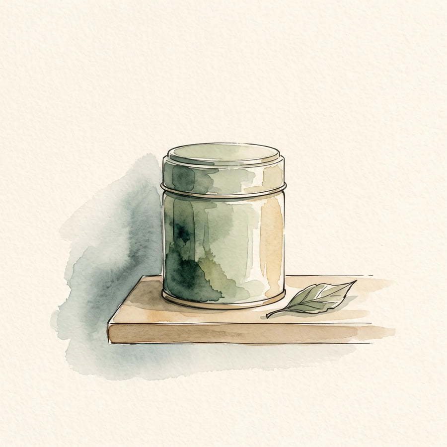 Lata de matcha ceremonial cerrada sobre una repisa de madera en penumbra, lejos de la luz directa