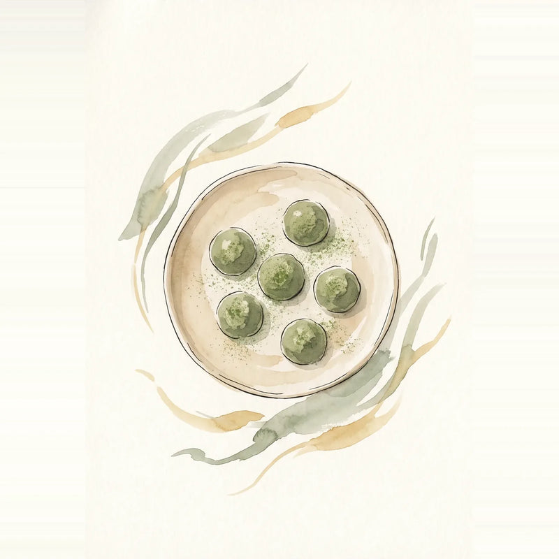 Bolitas energéticas de matcha de color verde apiladas sobre un plato de madera