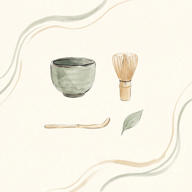 Composición plana con hojas de tencha, un chasen de bambú y una lata de matcha ceremonial etiquetados como referencia visual