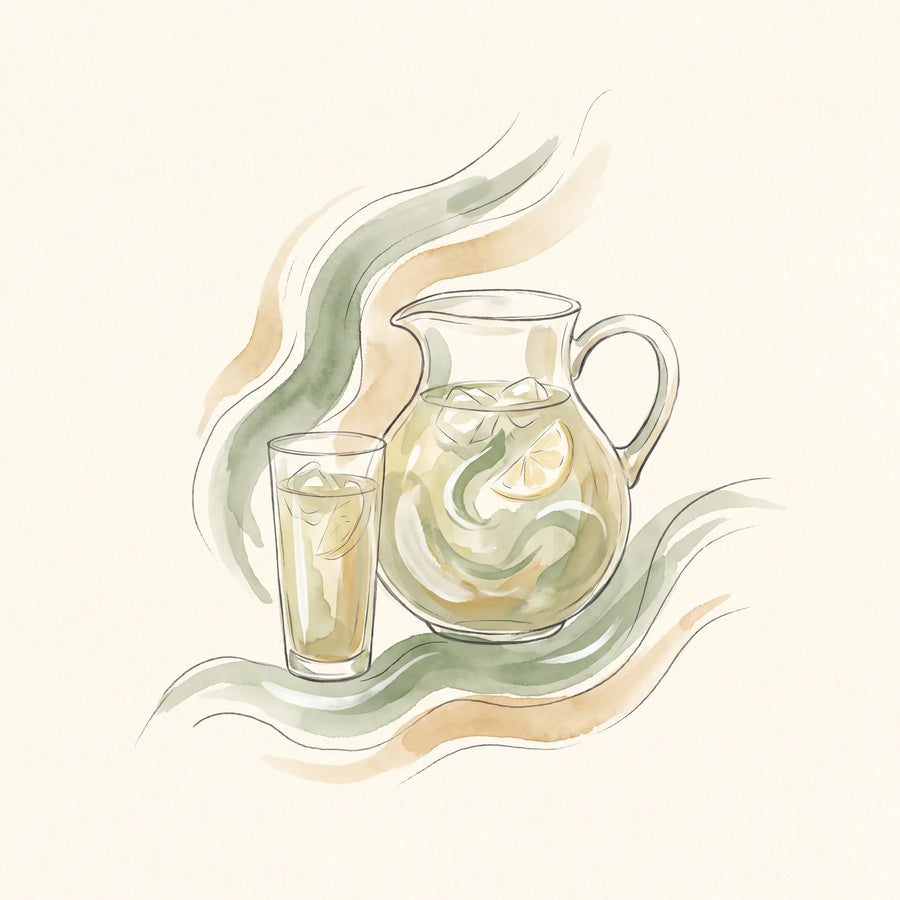 Limonada de matcha servida en un vaso alto con hielo, rodaja de limón y color verde amarillento
