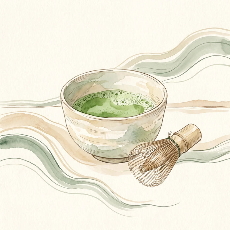 Cuenco de matcha recién batido con espuma fina y un batidor chasen de bambú al lado, ilustración en acuarela japandi