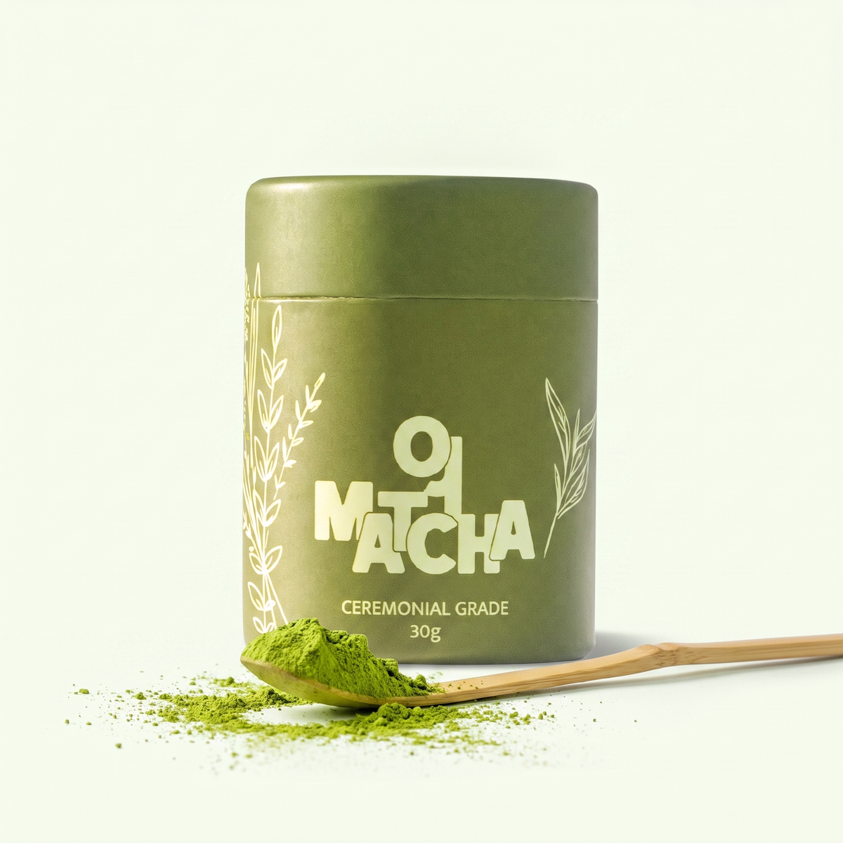 Lata de Oji Matcha ceremonial 30g con chashaku de bambu y matcha en polvo