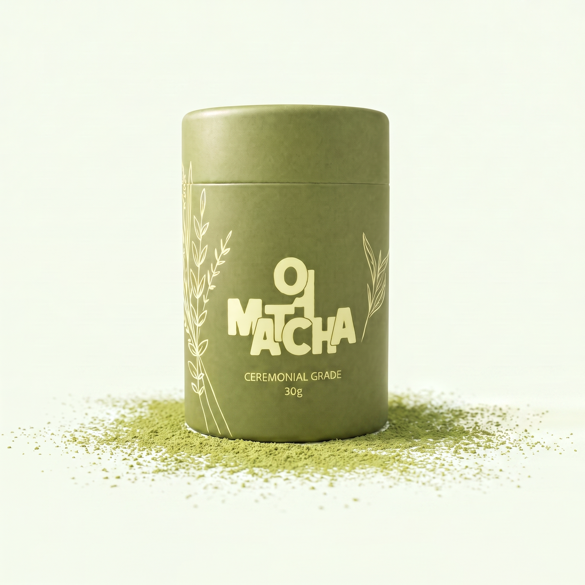 Lata de Oji Matcha ceremonial 30g en contrapicado sobre polvo de matcha, fondo verde palido