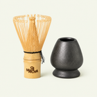 Set de chasen de bambú 100 púas y soporte de cerámica negro ceramico — Oji Matcha