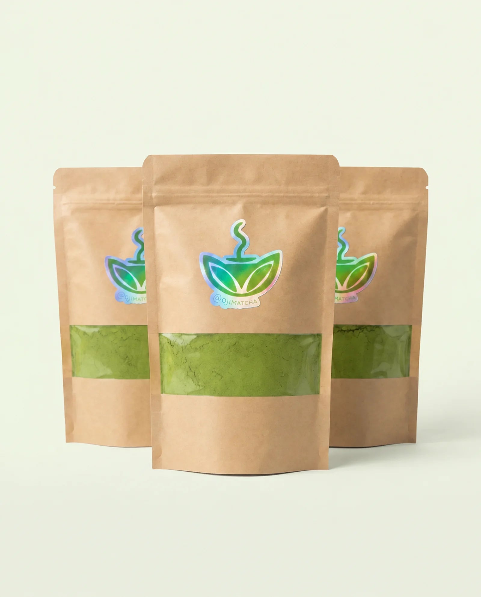 Tres bolsas de matcha ceremonial Oji Matcha con ventana y sticker holográfico