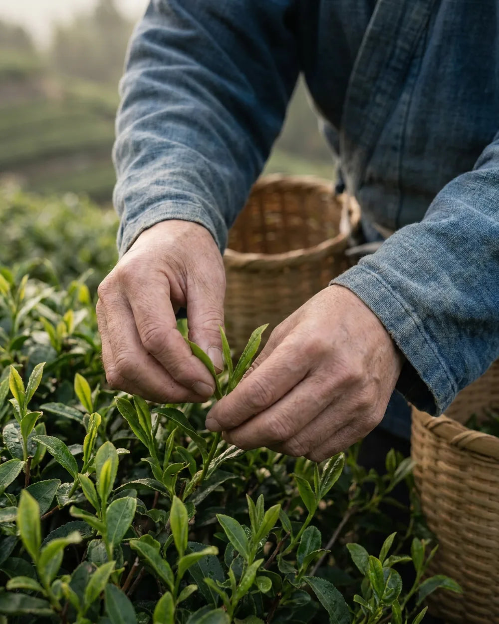 Manos recogiendo hojas jóvenes de té en la primera cosecha
