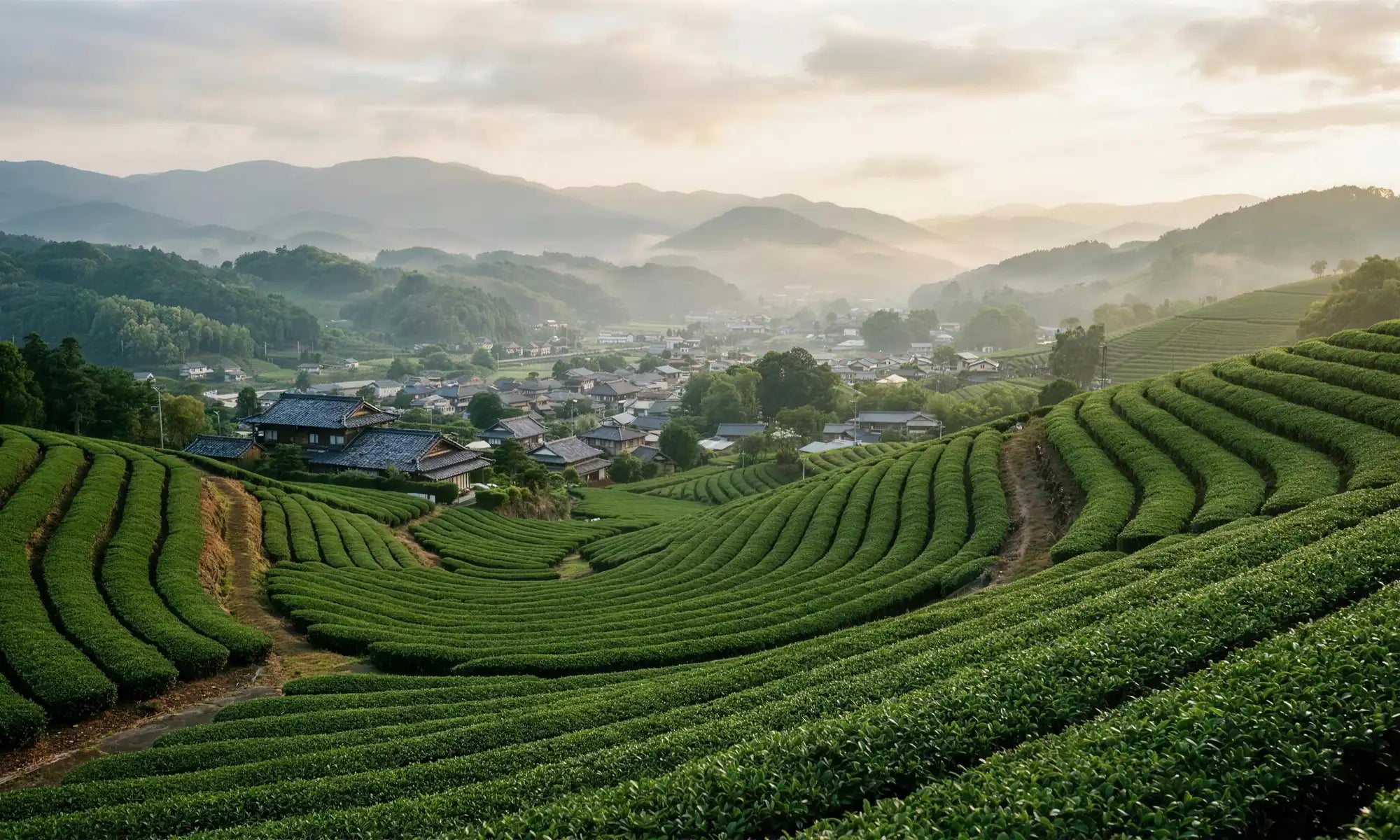 Campos de té en las colinas de Nishio con el pueblo al fondo, Aichi, Japón