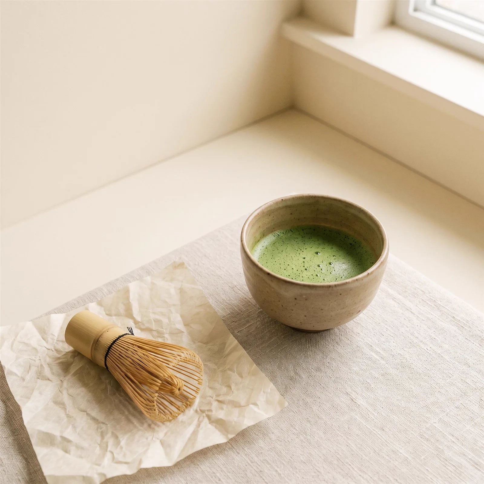 Cuenco de matcha ceremonial recién batido, visto desde arriba
