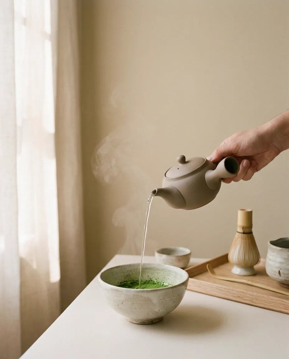 Agua caliente vertida sobre el matcha