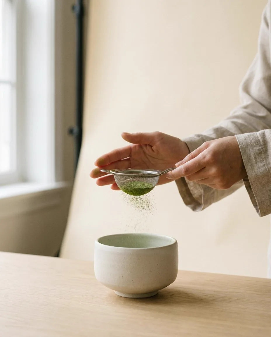 Matcha tamizado sobre un cuenco de cerámica