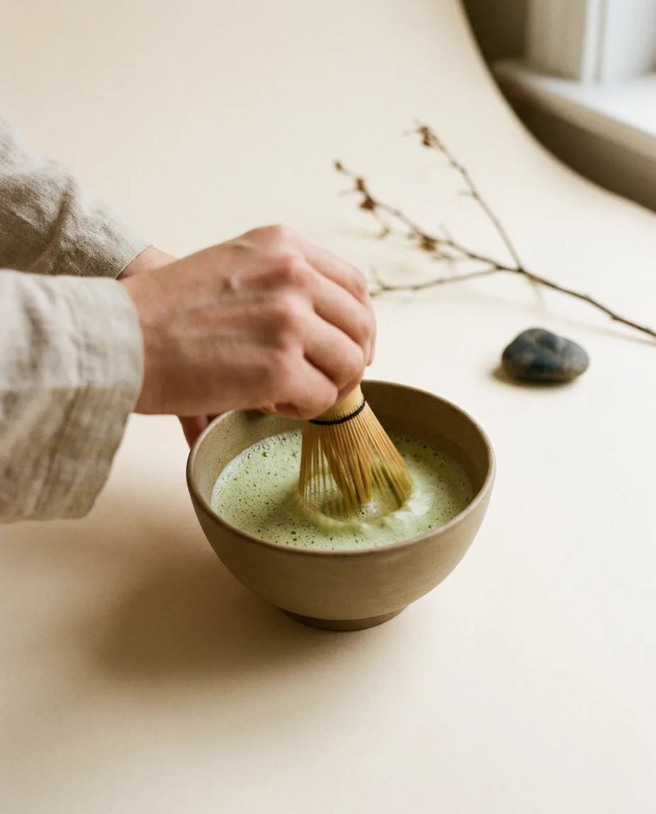 Batiendo matcha con chasen de bambú en un chawan